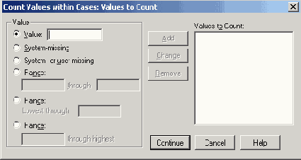 Диалоговое окно Count Values within Cases:values to Count