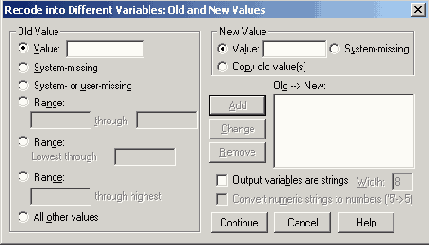 Диалоговое окно Recede into Different Variables: Old and New Values