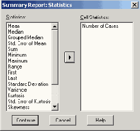 Диалоговое окно Summary Report: Statistics
