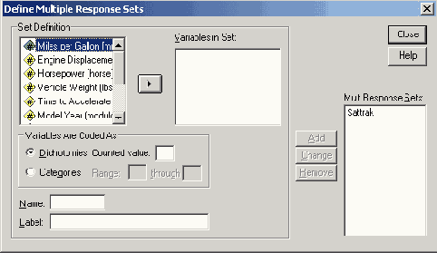 Диалоговое окно Define Multiple Response Sets