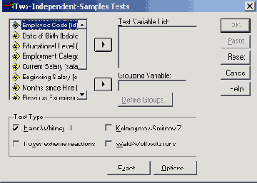 Диалоговое окно Two Independent Samples Tests (Тесты для двух независимых выборок)