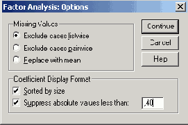 Диалоговое окно Factor Analysis:Options (Факторный анализ: Опции)