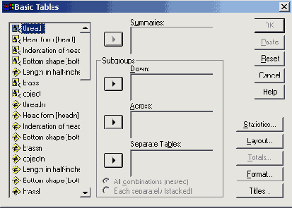 Диалоговое окно Basic Tables (Основные таблицы)