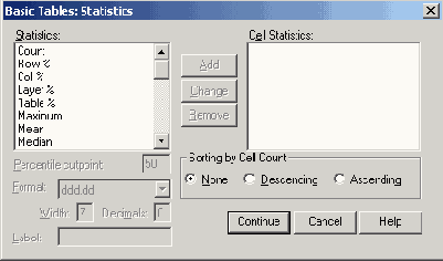 Диалоговое окно Basic Tables: Statistics (Основные таблицы: Статистики)